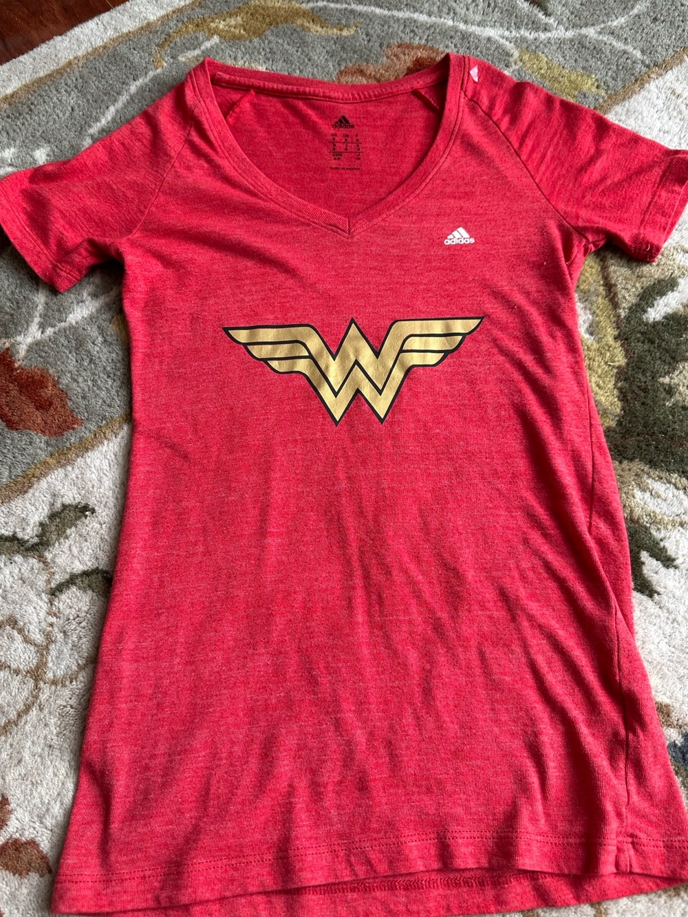 Adidas Women's Red Wonder Woman Logo V-Neck Tee